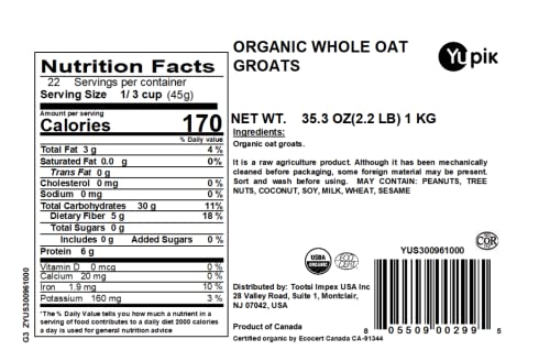 YUPIK ORGANIC WHOLE OAT GROATS,2.2 LB (35.2 OZ), NON-GMO, VEGAN, KOSHER, RAW, WHOLE GRAIN OATS, SALT-FREE, NUTTY FLAVOR, GOOD SOURCE OF FIBER, IDEAL FOR BAKING & COOKING