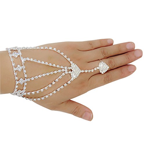 Women's Rhinestone Wristband Bracelet Pearl Finger Ring Bangle Slave Chain Bridal Bracelet (Color 3)