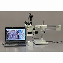 AmScope SM-4T-80S-M Digital Professional Trinocular Stereo Zoom Microscope, WH10x Eyepieces, 7X-45X Magnification, 0.7X-4.5X Zoom Objective, 80-Bulb LED Ring Light, Double-Arm Boom Stand, 90V-265V, Includes 1.3MP Camera with Reduction Lens and Software