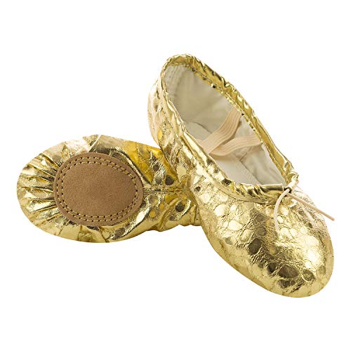 XJX Girls Leather Ballet Dance Shoes Split Sole Ballet Slipper Yogu Shoes Gold 01 30