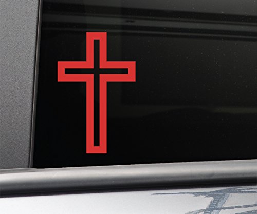 Christian Cross Vinyl Decal Laptop Car Truck Bumper Window Sticker, 5.5" x 3.5", Red