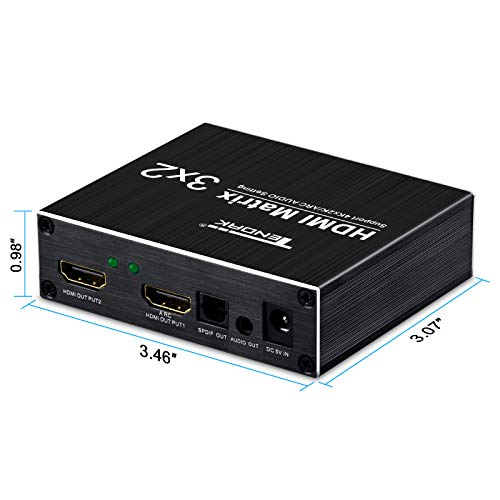 HDMI Matrix Switch 3X2 - Tendak 4K x 2K 3 in 2 Out HDMI Switch Splitter with Optical & L/R HDMI Audio Extractor Support ARC with IR Remote Control & Power Adapter