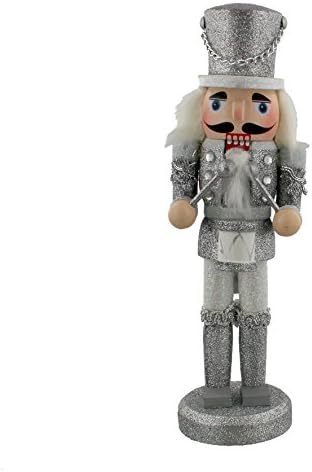 Traditional Wooden CHRISTMAS NUTCRACKER DRUMMER SOLDIER Decoration - SILVER & WHITE GLITTERED - Christmas Glitter Detail - 23cm