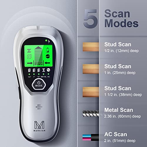 Stud Finder Sensor Wall Scanner, M MARSIAN 5 in 1 Electronic Stud Locator with LCD Display, Sound Warning and Auto Calibration, Beam Finder, Center Finding for Wood Metal Studs, LIVE AC Wire Detection