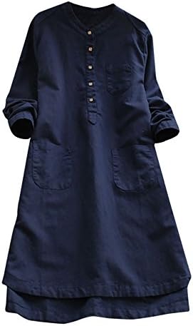 Kalinyer Women Loose Linen Dresses, Ladies Retro Long Sleeve Casual Round Collar Button Tunics Tops Blouse Shirt Dress