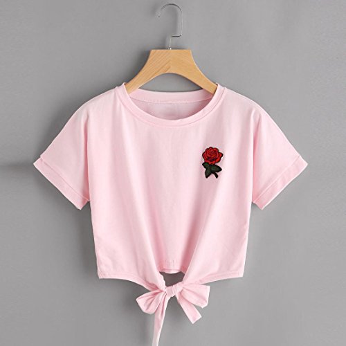 Snowfoller Women Short Sleeve Tee Fashion Rose Appliques Knot Decor Crop Tops Casual T Shirt Vest Tops Blouse (S, Pink)