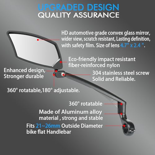 BriskMore Handlebar Bike Mirror - Crystal Clear HD Glass, 360° Adjustable&Foldable Mirror for Safe Riding, Wide Angle Rearview for E-Bikes, Mountain Bikes & Scooters,Bicycle Mirror