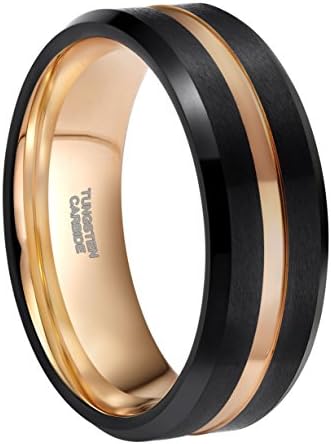 4mm 6mm 8mm Mens Black Tungsten Ring with Thin Blue/Gold/Black Groove Beveled Edge Comfort Fit Size 6-14