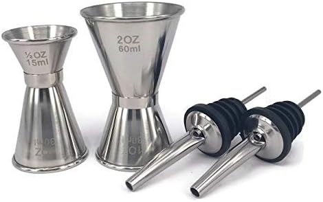 Professional Grade Bar Tool Accessories – 2 Double Stainless Steel Cocktail Bar Jiggers (15ml, 30ml, and 60ml) – 2 Bottle Cork Stoppers with Spouts/Liquor Pourer Spouts/Olive Oil Dispenser Caps
