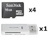 4 PACK - SanDisk 16GB MicroSD HC Memory Card SDSDQAB-016G (Bulk Packaging) LOT OF 4 with USB 2.0 MicoSD & SD Memory Card Reader