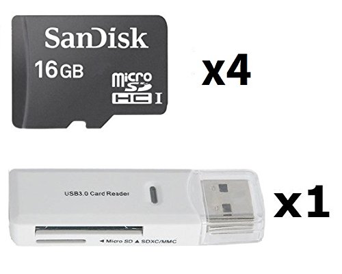 4 PACK - SanDisk 16GB MicroSD HC Memory Card SDSDQAB-016G (Bulk Packaging) LOT OF 4 with USB 2.0 MicoSD & SD Memory Card Reader