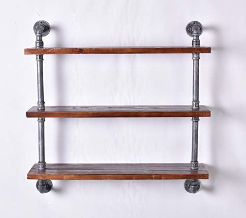 Diwhy Industrial Pipe Shelving Bookshelf Rustic Modern Wood Ladder Storage Shelf 3 Tiers Retro Wall Mount Pipe Dia 32mm Design DIY Shelving (Silver, L 36") - Thumbnail 7