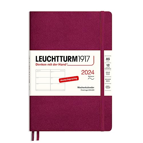 LEUCHTTURM1917 367657 Agenda semanal mediana (A5) 2024, tapa blanda, color rojo puerto, alemán, 12 meses