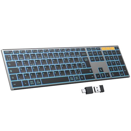 OMOTON Wireless Metal Keyboard, Bluetooth 2.4G Backlit Keyboard, Rechargeable with 2 Channels French AZERTY Scissor Keyboard Ergonomic Quiet for PC/Mac/Windows (Black)