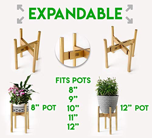 Golden Plant Stands Indoor with Tray / Coaster - Adjustable Size fits 8 9 10 11 12 Inches Small / Large Pots - Bamboo Wood - Mid Century Modern Planter Holder