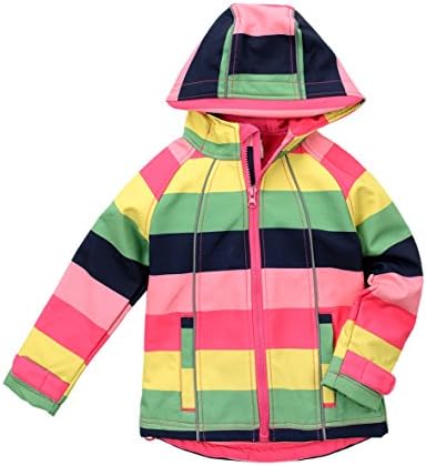 Hiheart Girls Fleece Jackets Rainbow Striped Outerwear Hooded Windproof Jacket