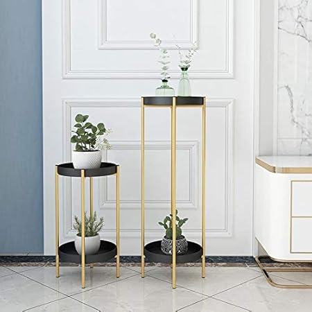 Weston Crafts 2 Tier Decorative Metal Tall Plant Stand with Two Removable Trays, Fold able Plant Holder for Living Room, Black