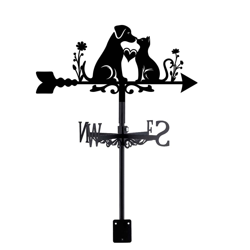 SUPERDANT Cat Dog Weather Vane Animal Weathervane Black Metal Weathercock Cute Pet Wind Vanes Garden Art Decor Garden Decorative Wind Direction Sign for Roof Yard Outdoor Patio Decor