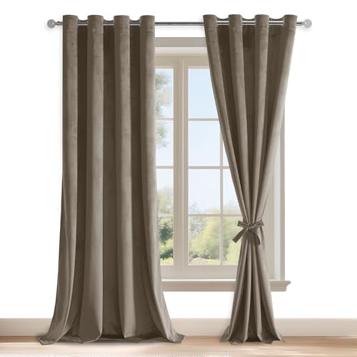 DWCN Set Of 2 Taupe Velvet Curtains with Eyelets H245XB140cm with Ties for Curtains, Velvet Blackout Curtains for Bedroom Living Room, Wonderfully Soft Velvet Curtains