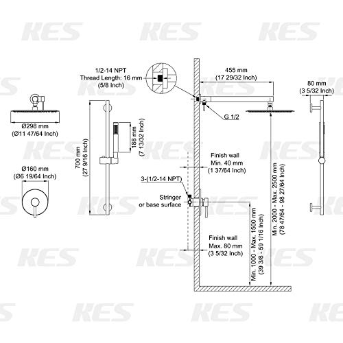 KES Rain Shower System 12 Inch Round Rainfall Shower Head with Handheld