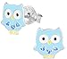 Hypoallergenic Sterling Silver Owl with Hearts Stud Earrings for Kids (Light Blue/Glitter)