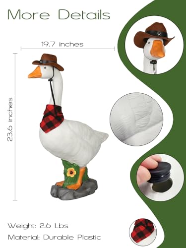 LarpGears Premium Adjustable Large Porch Goose Statue – 23” Realistic Hollow Plastic Garden Goose with Removable Cowboy Hat & Bandana, Stone Base with Sand-Fillable Design for Outdoor Stability