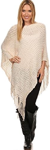 Poncho cable knit sweater fringe V neck or boat neck brown, navy, white (one, brown)