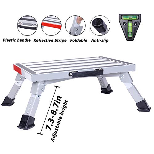 Homeon Wheels Stable RV Steps Adjustable Height Aluminum Folding Platform Step with Non-Slip Rubber Feet, Reflective Stripe, Handle, RV T Level, More Stable Up to 1000 lbs 16.5" x 12.2" RV Step Stool