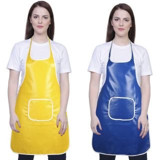 Yazlyn Collection Rexine Waterproof Kitchen Apron, Plastic Type Aprons with Front Pocket-Set of 2 (Yellow Blue)