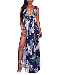 Meenew - Maxi vestido sin mangas con cuello en V con estampado floral para mujer