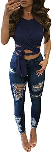 WorkTd Womens Criss Cross Bandage Wrap Crop Top Crew Neck Tie Shirts Blue M