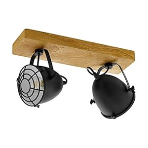 EGLO Gatebeck plafondlamp met 2 fittingen, vintage, industrieel, retro, plafondspot van staal in zwart en hout, naturel…