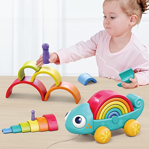 Montessori Toys for 1 2 3 Year Old, Rainbow Stacking Toy, Sensory Pull