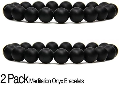 Serra 2-Pack Onyx Natural Genuine Semi-Precious Meditation Gemstones Onix Jewelry Matte Black Healing 10 mm Beaded Round Adjustable Couple Stretch Elastic Bracelet 7" Unisex Gift Present Tasbih Beads