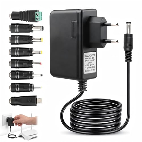 Adaptador de Corriente 12V 3A 36W Fuente de Alimentación AC DC, Cargador Universal con Conector 5.5x2.1 mm y 8 Enchufes DC, para Cámaras CCTV, Tiras LED, Router WiFi, Monitor LCD, TV Box y Altavoces