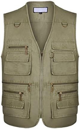 JSHFD Outdoor Multi-Pocket Vest Men's Sleeveless Vest Sport Jacket Breathable Photography Fishing (Khaki, L)