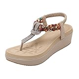 LUXINYU Women's Bohemian Platform Sandals Rhinestone Bead Wedge Shoes Thong Sandal