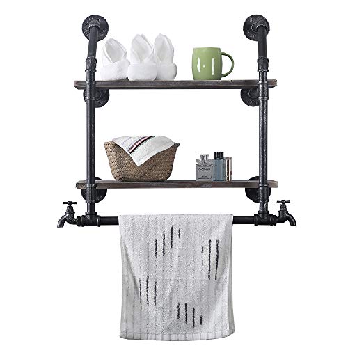 Industrial Bathroom Shelves Wall Mounted 2 Tiered,Rustic Pipe Shelf with Towel Rack Bathroom Shelf Over Toilet,24in Iron Pipe Shelving with Towel Bar,Farmhouse Wood Shelves Metal Floating Shelves