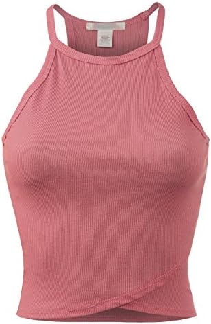 BEKDO Womens Solid Ribbed Sleeveless High Neck Cropped Cami Tank-L-Rosy_Mauve