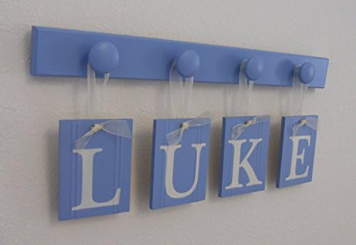 Boys Birthday Gifts Hanging Nursery Wall Letters Personalized Set Includes Babies Name and Wooden Pegs Handmade and Painted in a Light Blue