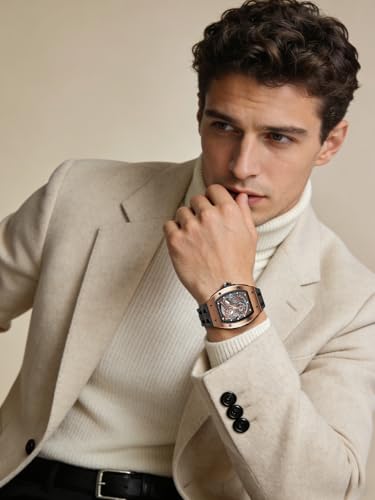 TSAR BOMBA Men's Automatic Watch Skeleton Watch Luxury Barrel Mechanical Watch 50m Waterproof Analog Watch