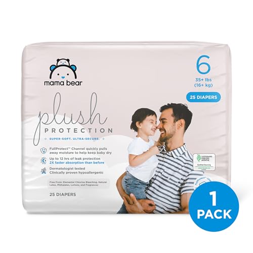 AMAZON BRAND – MAMA BEAR PLUSH PROTECTION DIAPERS – SIZE 6, 25 COUNT, HYPOALLERGENIC PREMIUM DISPOSABLE BABY DIAPERS, WHITE AND CLOUD DREAMS