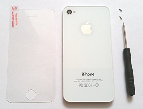New Replacement Rear Glass Back Cover Battery Door For iphone 4 4G A1332 (white) + 1 Screw Driver, 2 Pentalobe Screws, and 1 Screen Protector