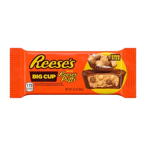 REESE’S BIG CUP WITH PUFFS CEREAL MILK CHOCOLATE KING SIZE PEANUT BUTTER CUPS, CANDY PACK, 2.4 OZ