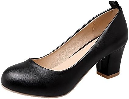 AgooLar Women's Solid PU Kitten-Heels Buckle Round-Toe Pumps-Shoes, Black, 33
