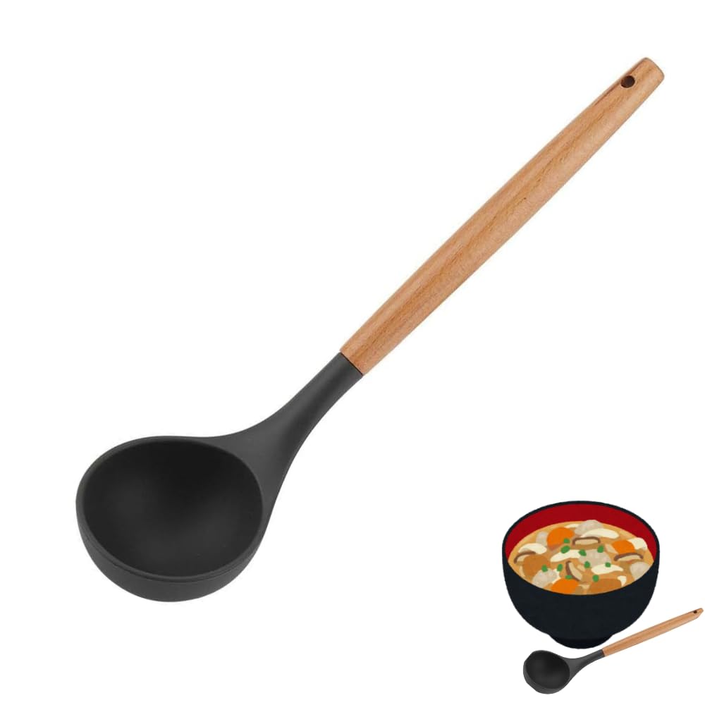 VIFERR Soup Ladle, Silicone Spoon Non-Stick Kitchen Utensil Heat Resistant Serving Spoon with Wooden Handle Cooking Tool for Cooking & Serving Soup