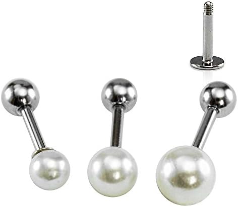 HiUnni16g Pearl Cartilage Earring, Helix Conch Tragus Earring, Pearl labret Stud, 1pc (6mm Pearl, Labret(Flat Back), 10mm Length)