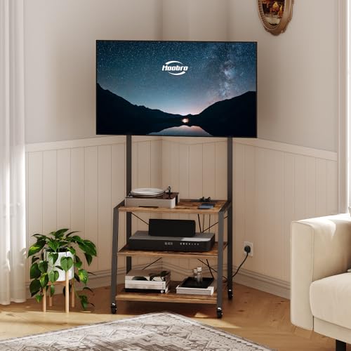 HOOBRO Mobile TV Stand Cart, 3 Tier Floor TV Cart with Wheels, Rolling TV Stand for Living Room, Height Adjustable Rolling TV Storage for Bedroom, Office, Rustic Brown and Black EBF66KDS01