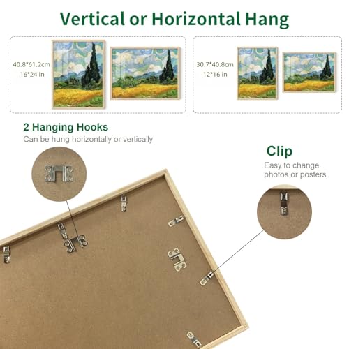 KOOPAO 3 Set of 16"x24" Oak Wood Picture Frames Natural Wood Color 16x24 in Poster Frame for Wall Art Decor, 16x24 inch Poster Photo Wooden Frames,Hang Horizontal and Vertical 40.8x61.2cm Art Picture
