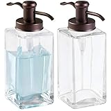 mDesign Liquid Hand Soap Glass Dispenser Pump Bottle for Kitchen, Bathroom | Also Can be Used for Hand Lotion & Essential Oils - Pack of 2, Square, Clear/Bronze